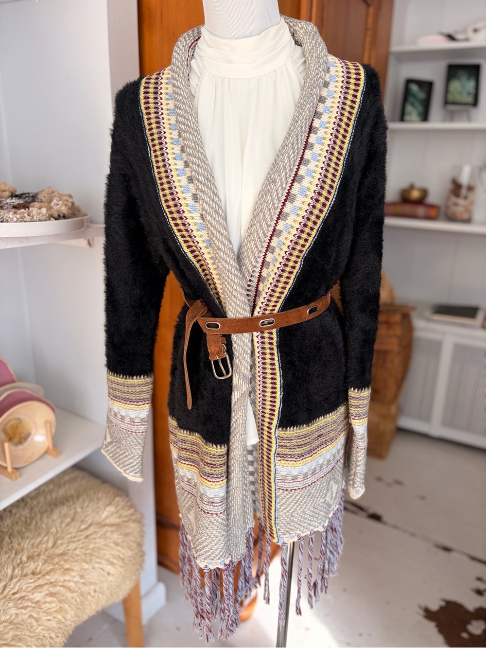 Western Flair Ivory & Black Fringe Knit Shawl Cardigan